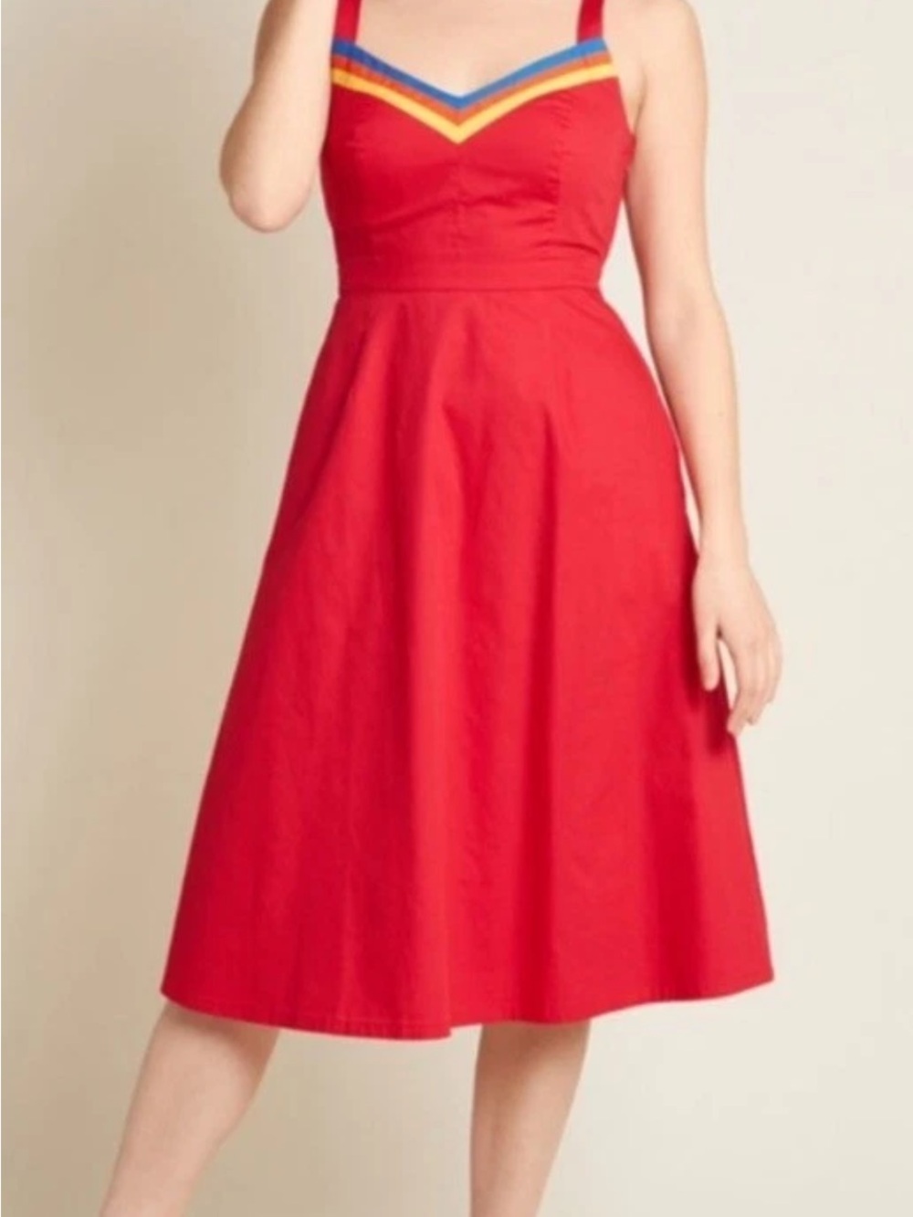 ModCloth Red Midi Dress with Blue and Yellow Trim